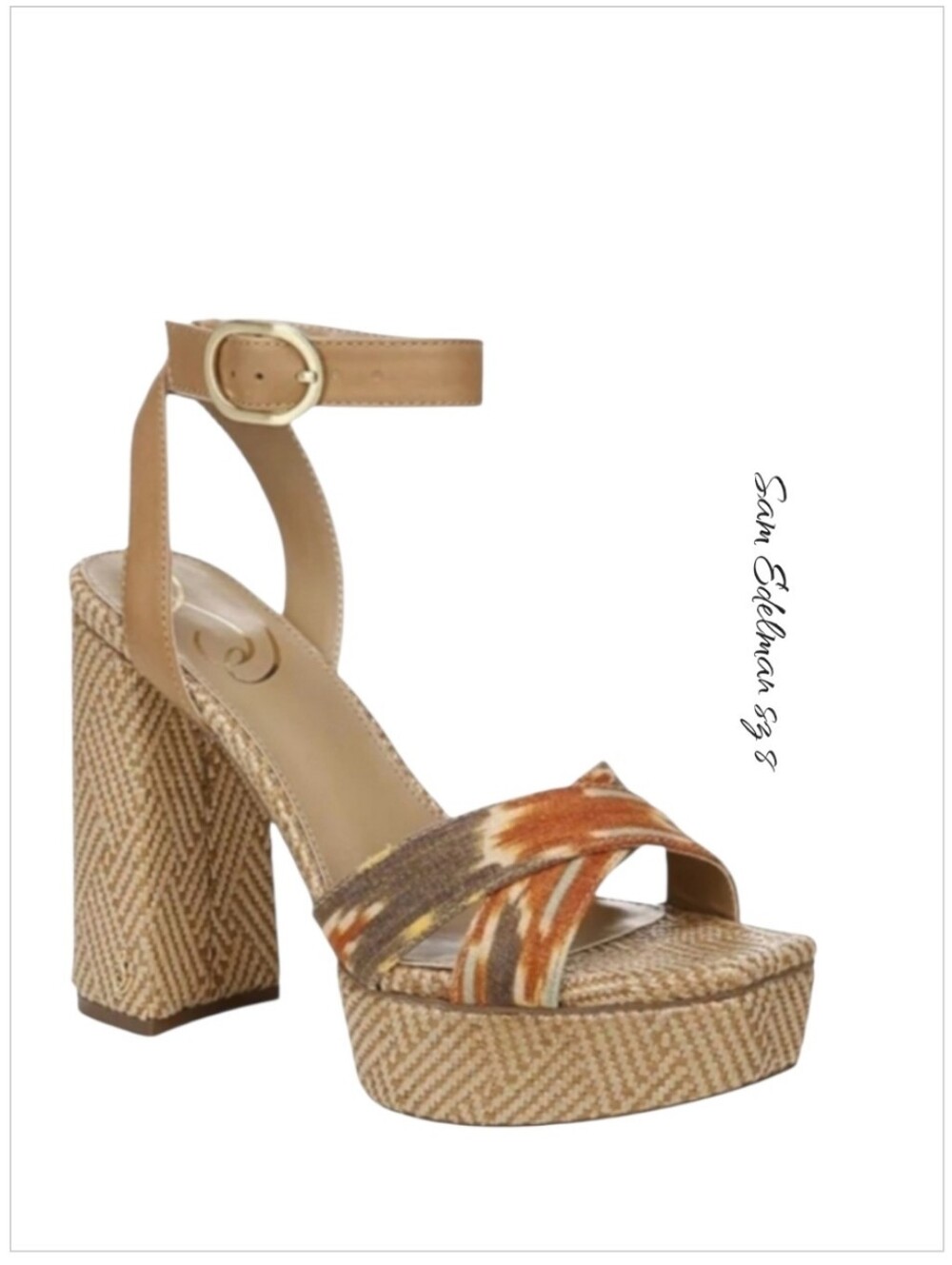 Sam Edelman Nolita Raffia Platform Sandals Sunset Orange Multi Size 8